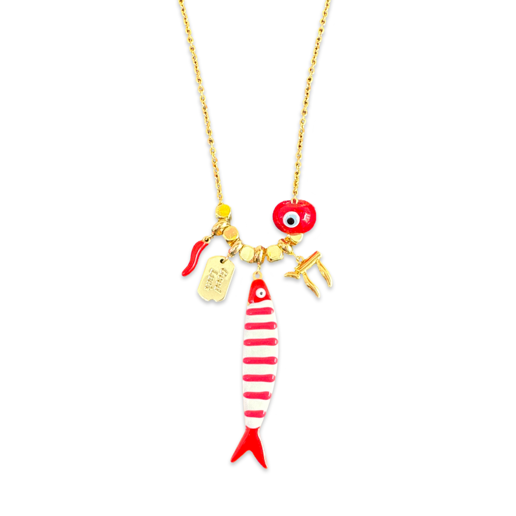 Sardine lucky fish Necklace red