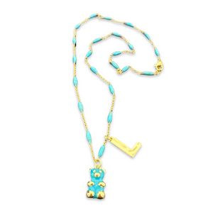Teddy bear enamel necklace with initial turquoise