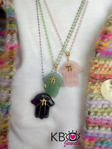 Necklace lucky hamsa חי pink quartz