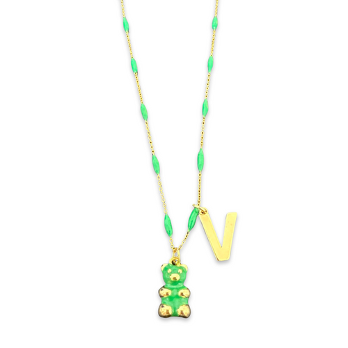 Teddy bear enamel necklace with initial green