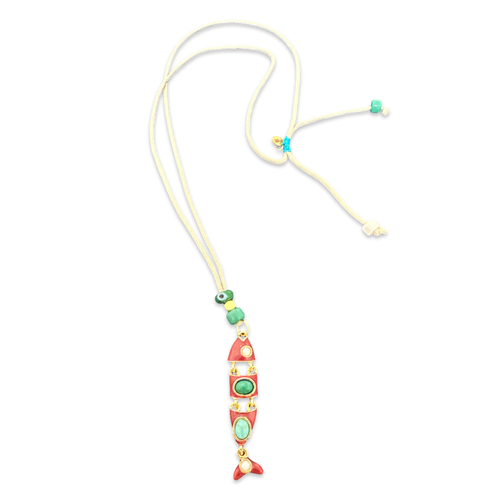Lucky cabochon fish necklace red
