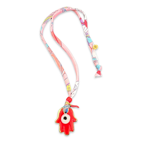Silk necklace with hamsa red