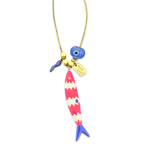 Sardine lucky fish Necklace fuxia