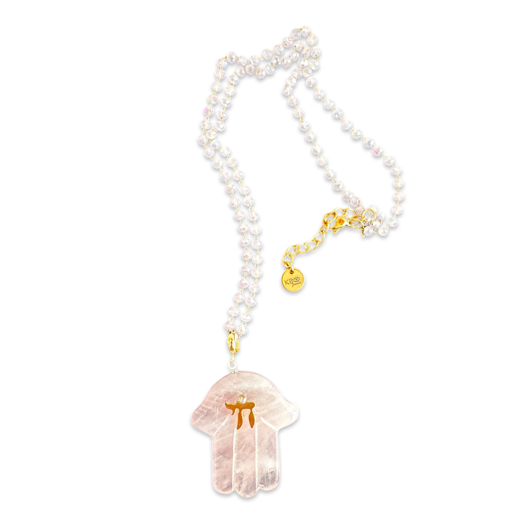 Necklace lucky hamsa חי pink quartz