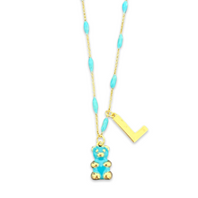 Load image into Gallery viewer, Teddy bear enamel necklace with initial turquoise