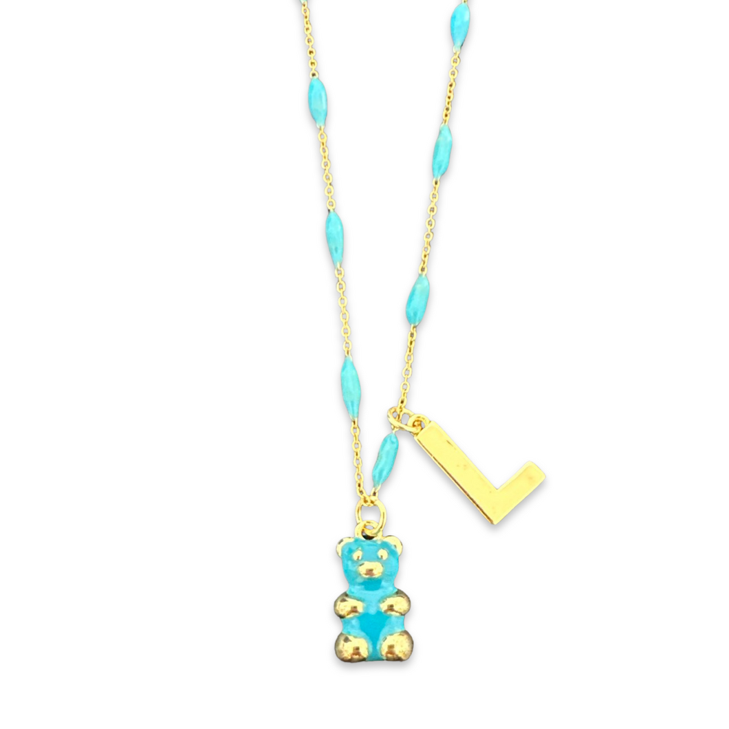 Teddy bear enamel necklace with initial turquoise