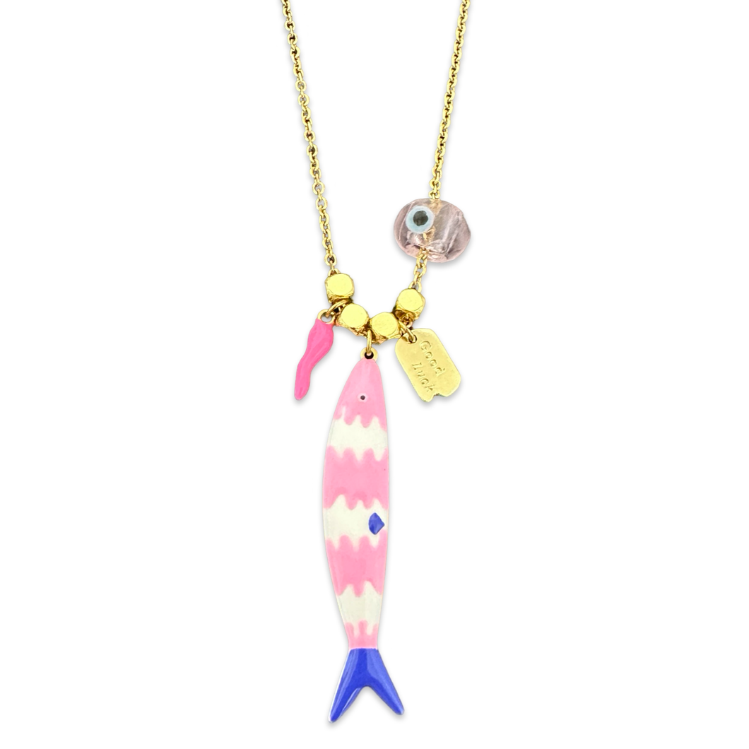 Sardine lucky fish Necklace pink