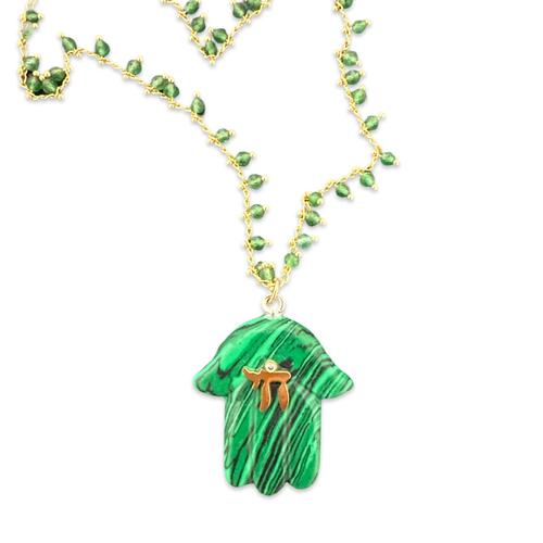 Lucky Hamsa חי chain beads necklace long green