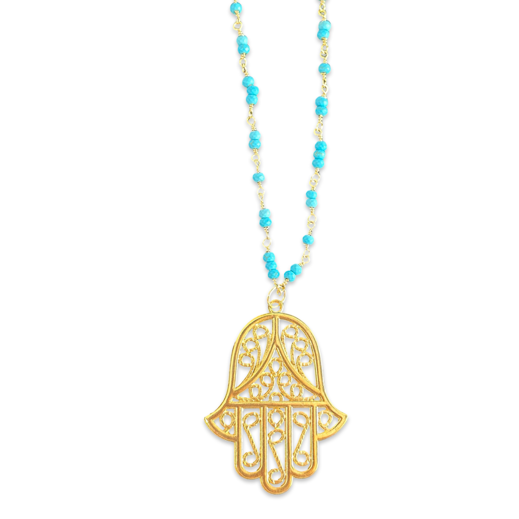 Necklace lucky giant hamsa turqoise