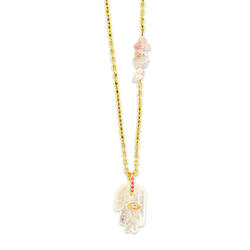 Necklace lucky hamsa pink quartz