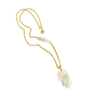 Necklace lucky hamsa pink quartz