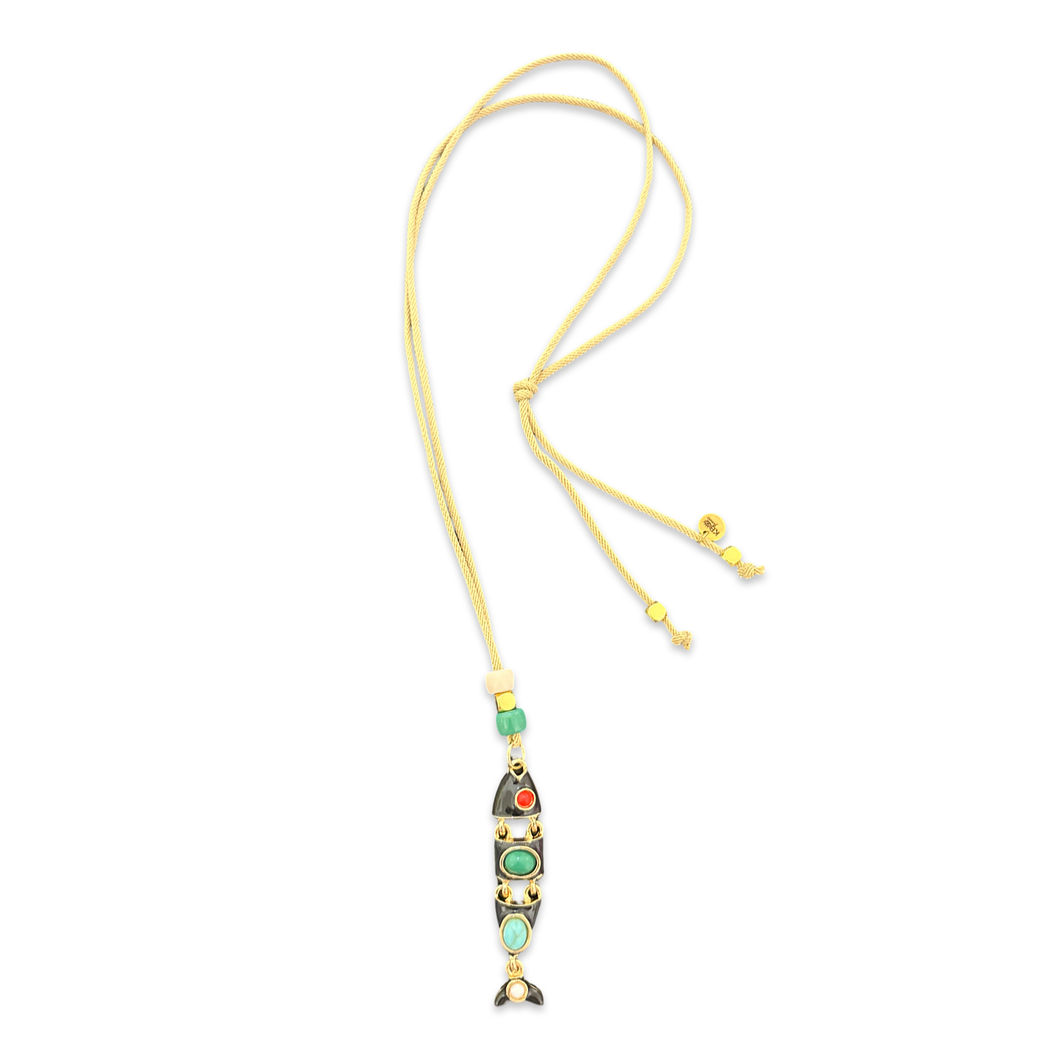 Lucky cabochon fish necklace black