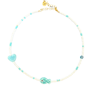 Lucky fish dots beads necklace white turquoise