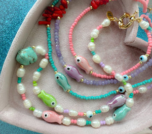 Pearls pastels lucky fish long necklace