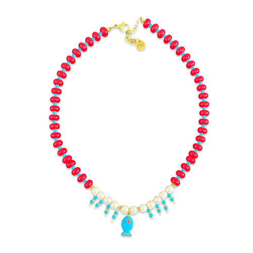 Amalfi lucky fish necklace red coral beads turquoise