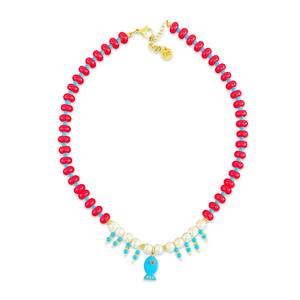 Amalfi lucky fish necklace red coral beads turquoise