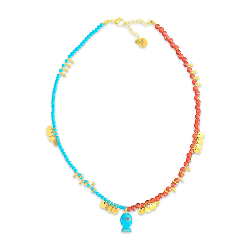 Amalfi lucky fish necklace red coral beads turquoise