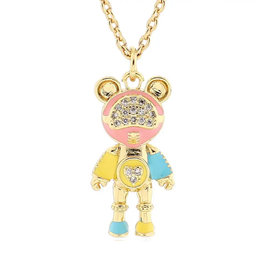 Teddy bear necklace enamel pink