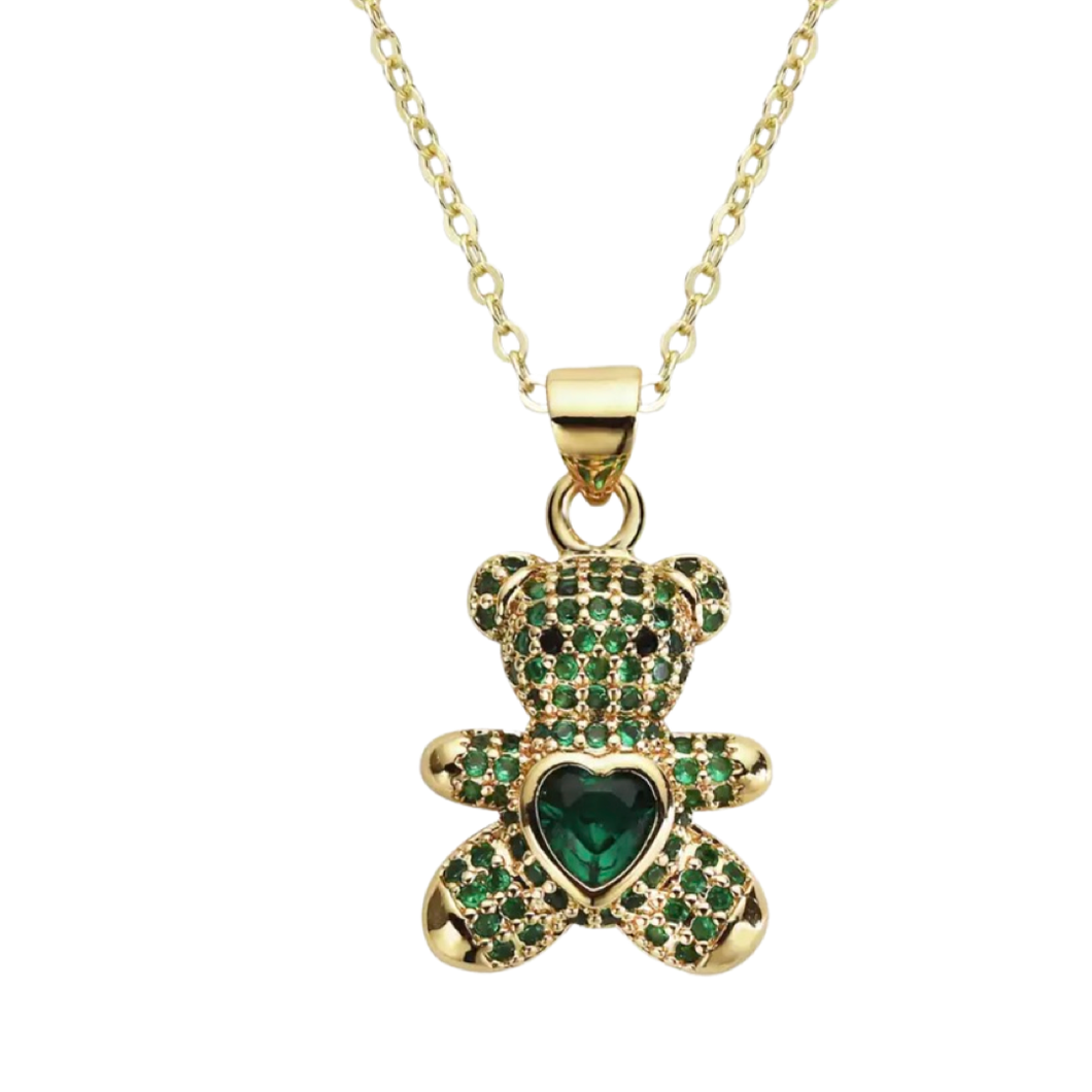 Teddy bear heart necklace green